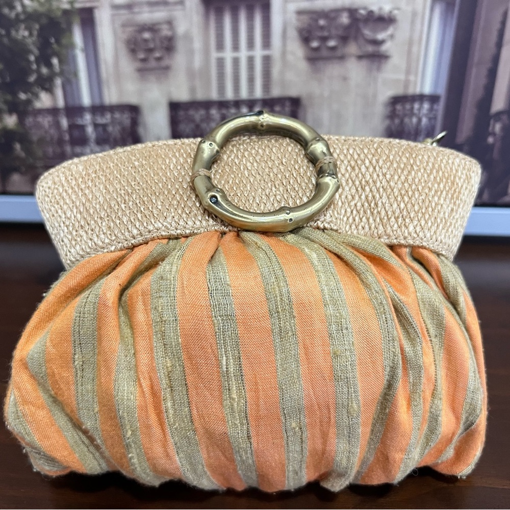 Your next vacation evening bag awaits! Orange / beige with gold hardware clutch